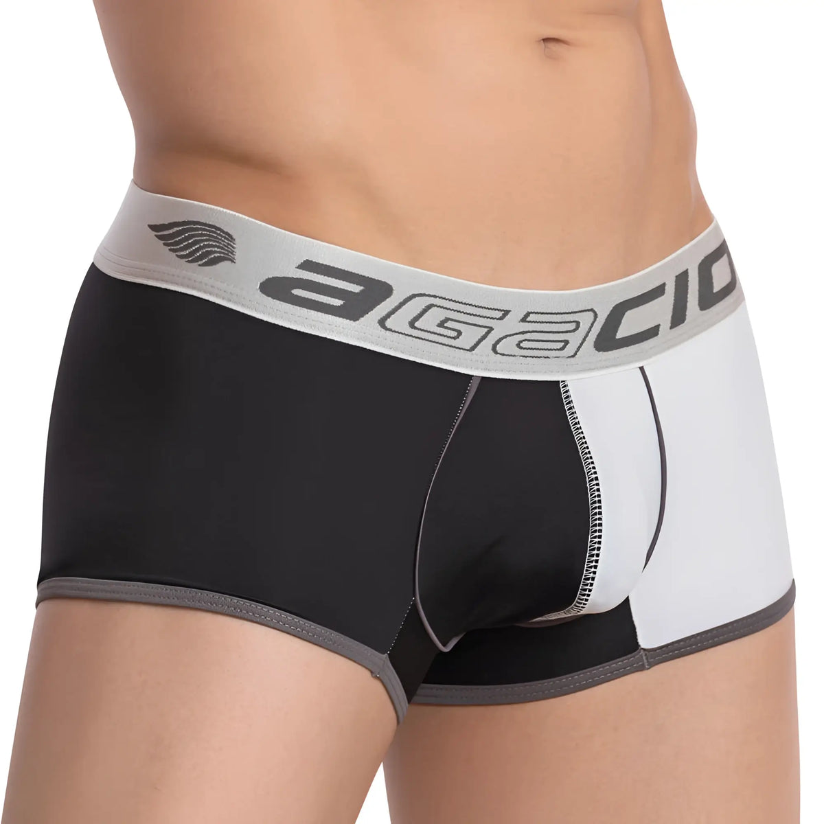Agacio AGG052 boxer trunk black and white menâ€™s briefs with gray trim and branded waistband in cotton blend