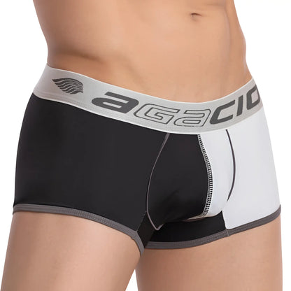 Agacio AGG052 boxer trunk black and white menâ€™s briefs with gray trim and branded waistband in cotton blend