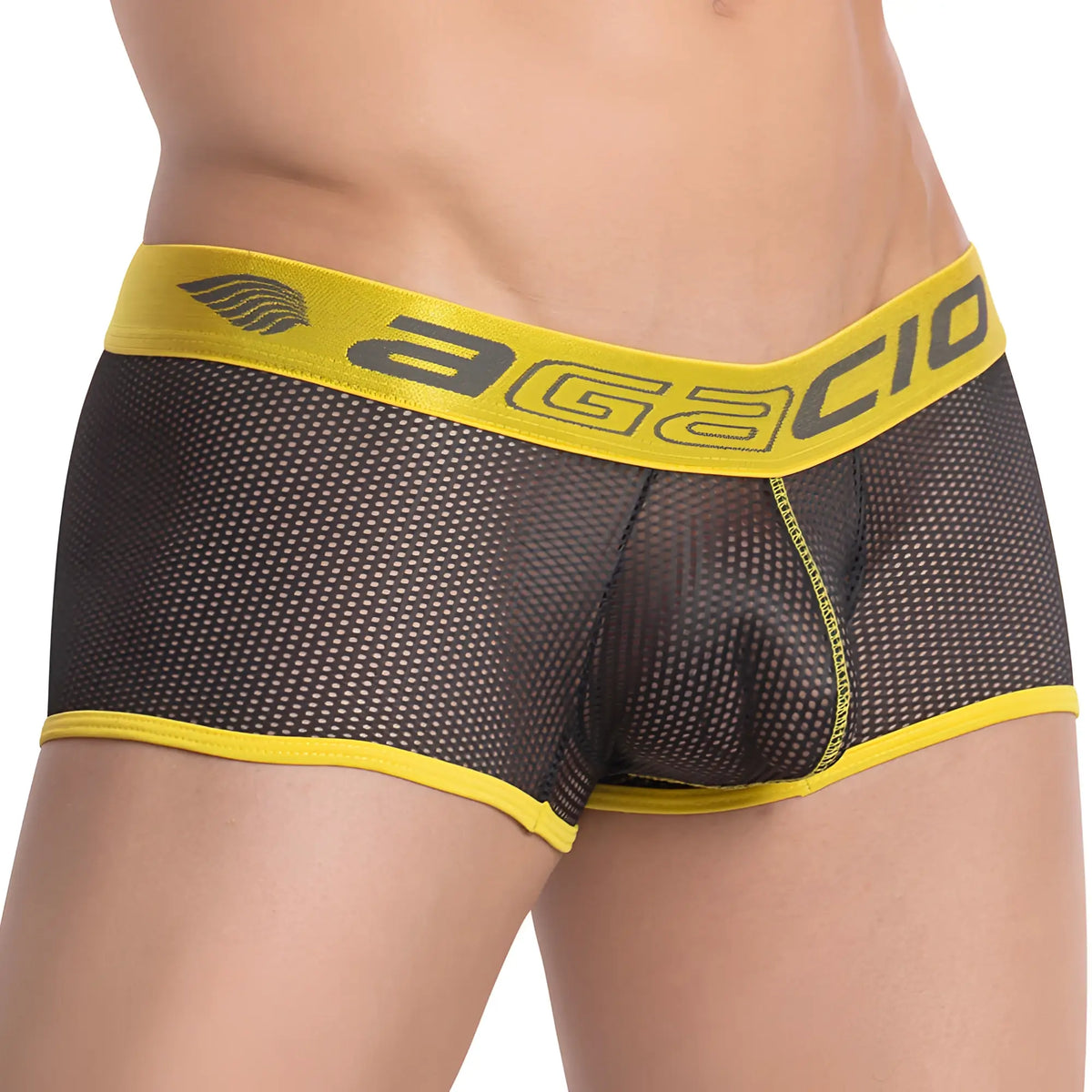 Agacio AGG053 boxer trunk black mesh briefs with bold yellow waistband and gray agacio logo trim