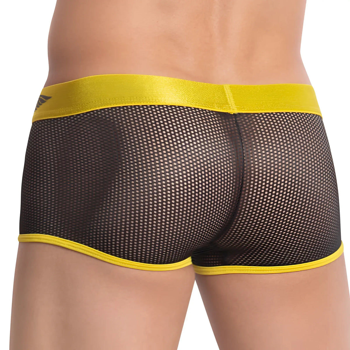 Black mesh briefs with shiny yellow waistband and trim from agacio agg053 boxer trunk collection