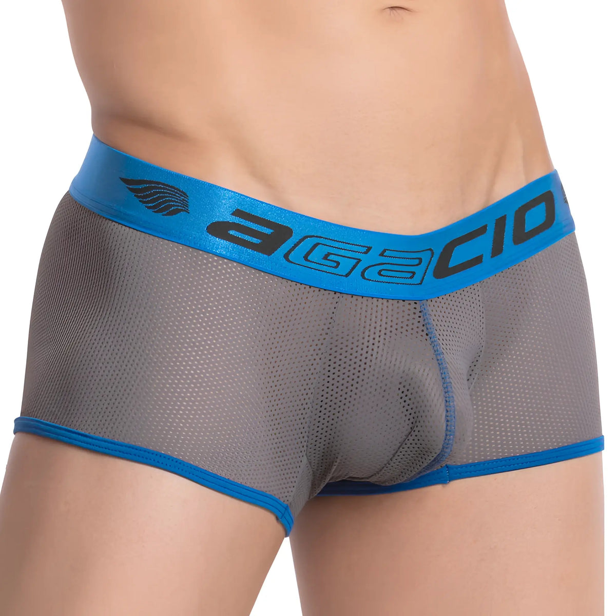 Agacio AGG053 boxer trunk gray mesh briefs with bright blue elastic waistband and agacio black lettering