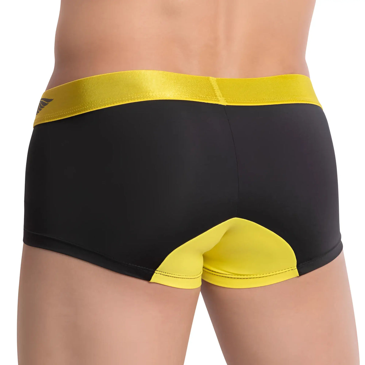 Black and yellow agacio agg054 boxer trunk briefs with satin waistband and small logo on the left side