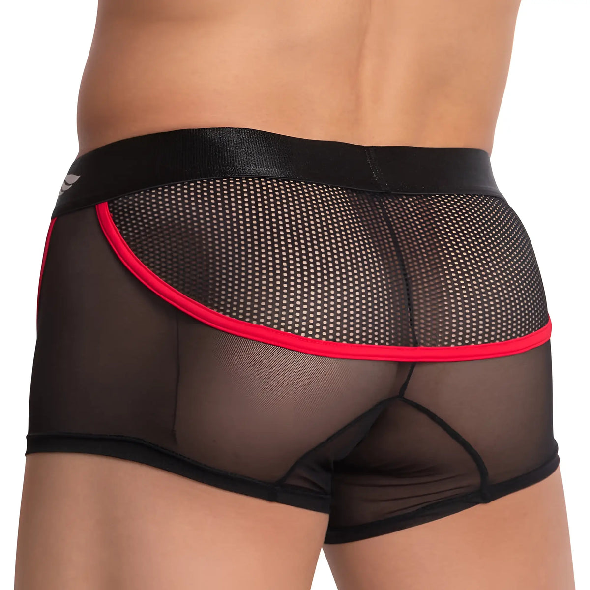Agacio AGG057 boxer trunk featuring black mesh briefs with bold red trim and sleek black waistband front view