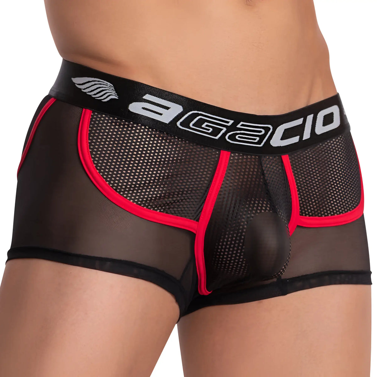 Agacio AGG057 boxer trunk black mesh briefs with red trim and black waistband with agacio brand name in white