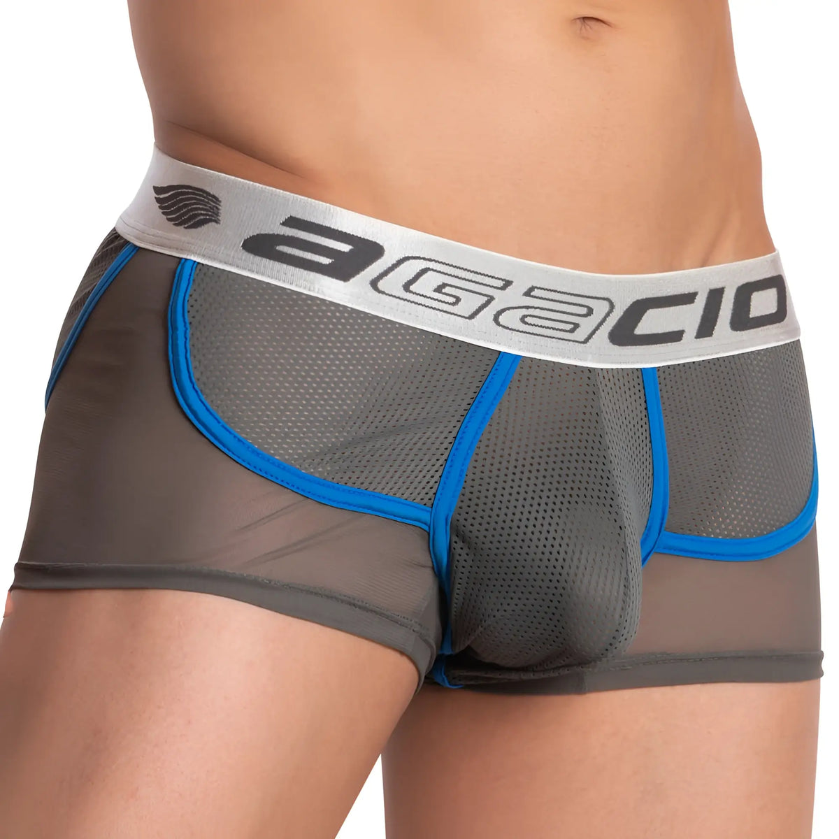 Gray mesh briefs with blue trim and white waistband featuring agacio brand name in agacio AGG057 boxer trunk style