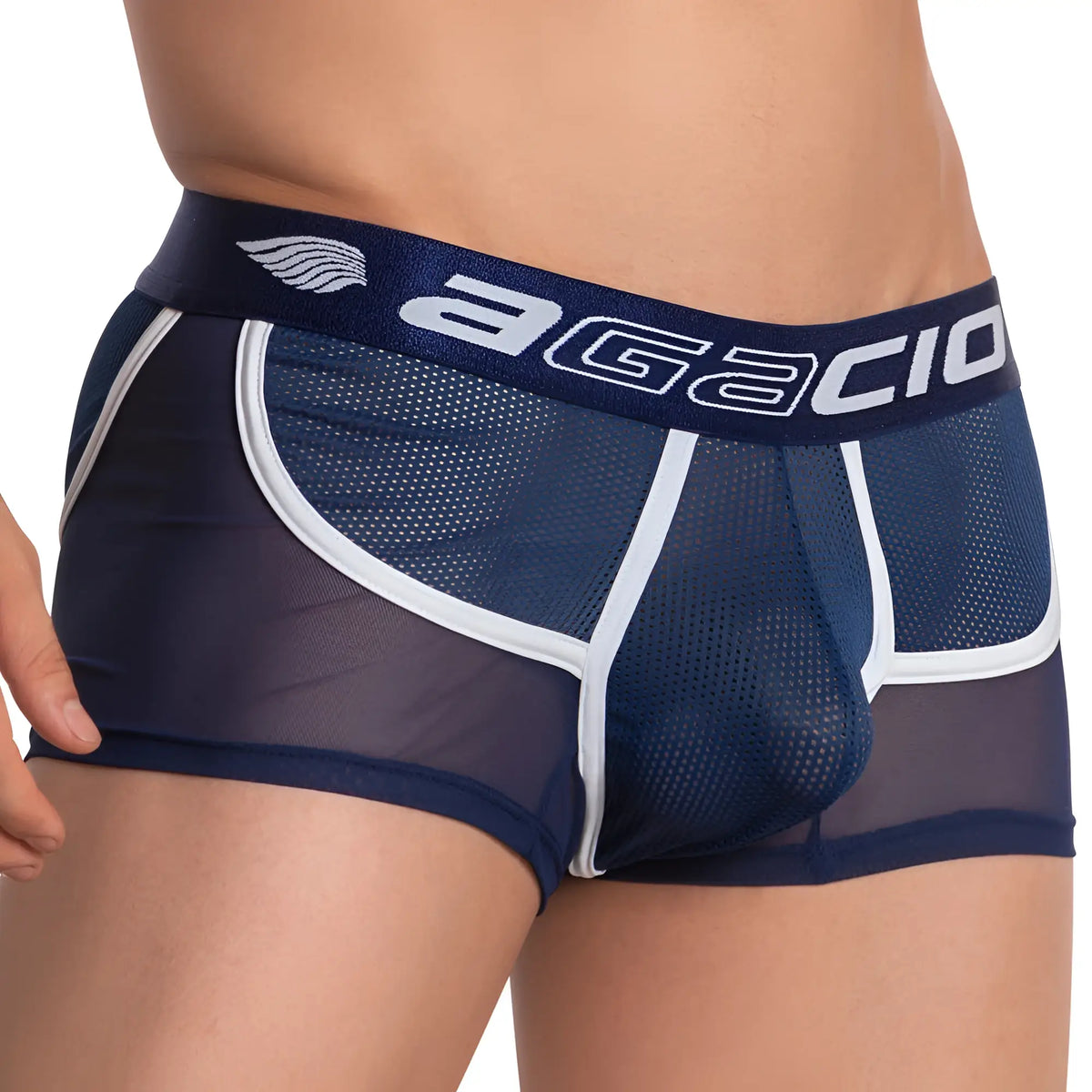 Navy blue mesh agacio agg057 boxer trunk briefs with white trim and branded waistband front view