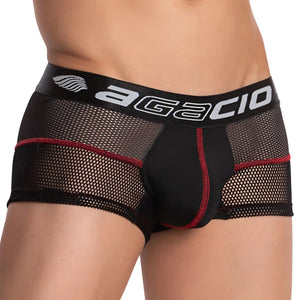 Agacio agg058 boxer trunk black mesh briefs with red trim and black waistband featuring agacio logo in white lettering