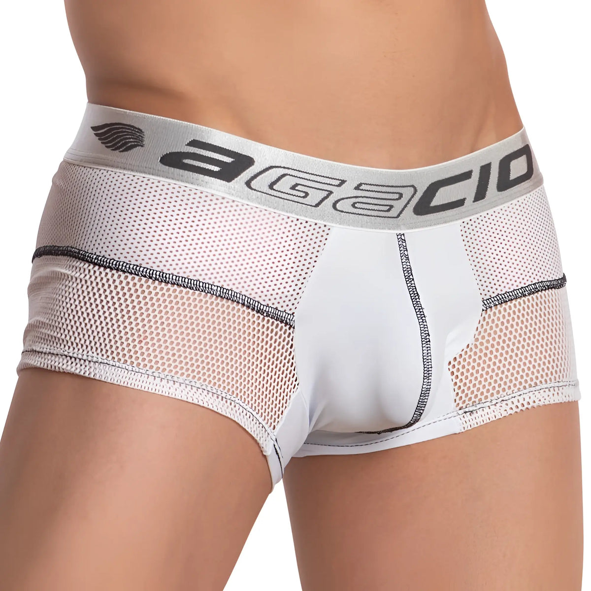 Agacio AGG058 white mesh boxer trunk briefs with gray elastic waistband featuring Agacio brand name and logo