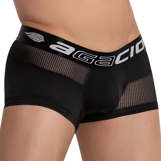 Black agacio agg059 boxer trunk menâ€™s briefs with mesh panels and white logo on waistband front view
