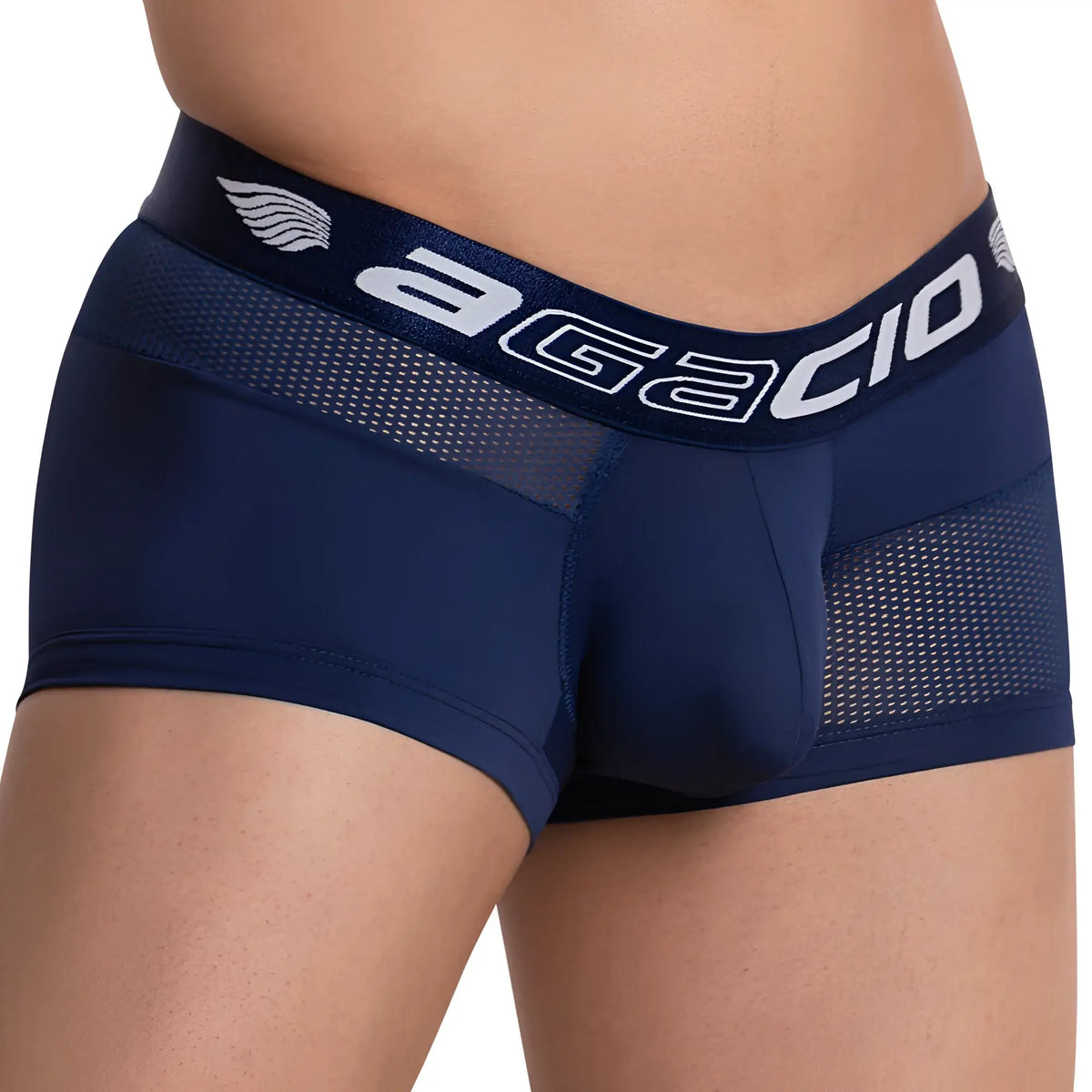 Navy blue agacio agg059 menâ€™s boxer trunk briefs with mesh panels and white logo trim for comfortable wear