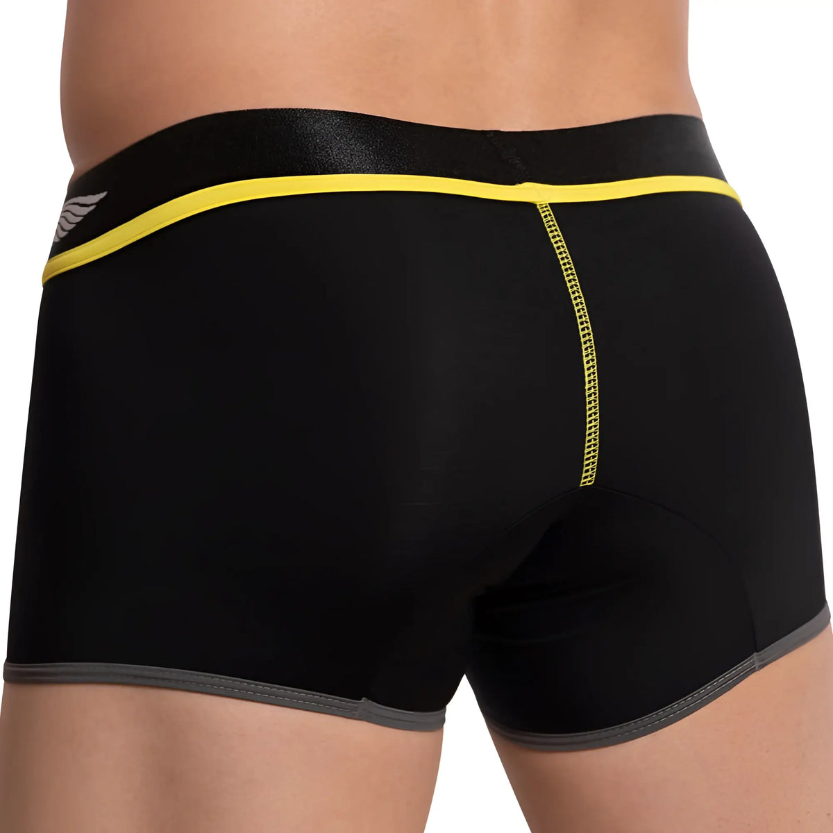 Black athletic boxer briefs agacio agg060 with shiny waistband yellow trim and gray side panels for active wear