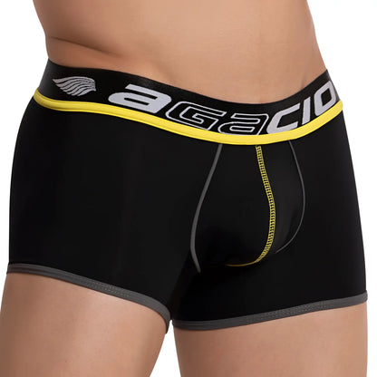 Black agacio AGG060 menâ€™s boxer briefs with bold yellow and gray trim featuring the brand logo on the waistband