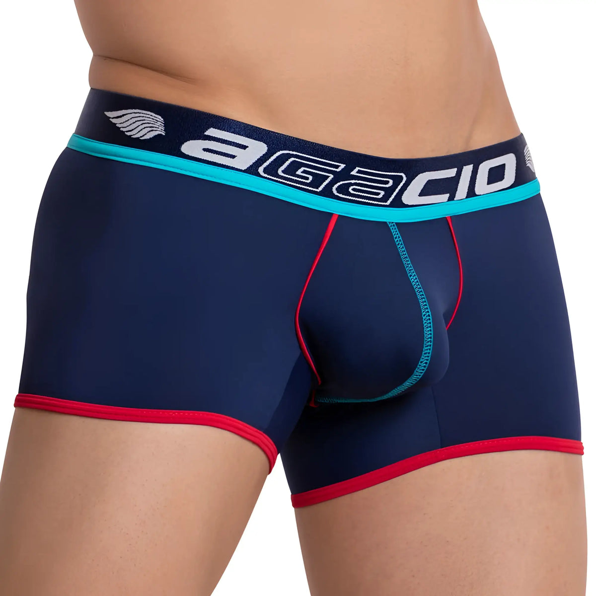 Navy blue agacio AGG060 menâ€™s boxer briefs with red and teal trim and branded waistband for comfortable wear