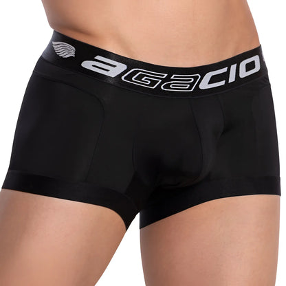 Black agacio agg061 armor boxer trunk with white logo and wing emblem on waistband in menâ€™s underwear design