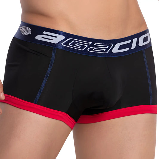 Black agacio AGG063 stretch boxer trunk with navy waistband white lettering and red trim along leg openings