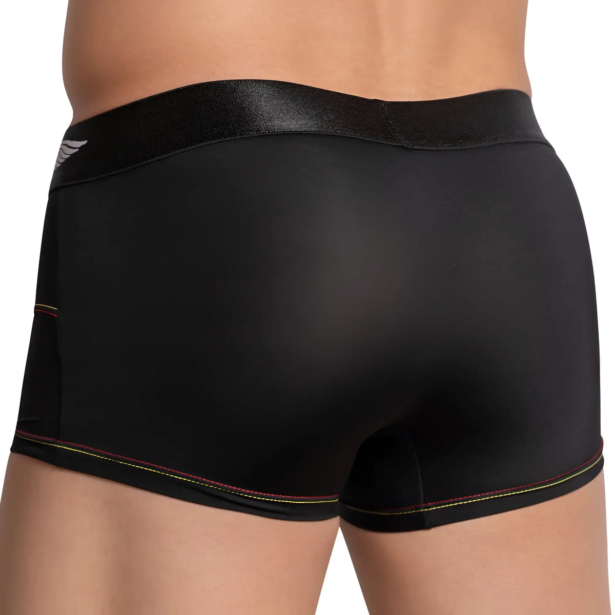Black mens briefs agacio agg065 bulgy box boxer trunk with shiny elastic waistband and red yellow green stitching