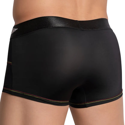 Black mens briefs agacio agg065 bulgy box boxer trunk with shiny elastic waistband and red yellow green stitching