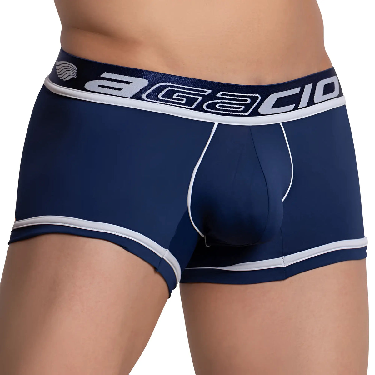 Navy blue agacio agg066 boxer trunk briefs with white trim and logo detailing for comfortable everyday wear