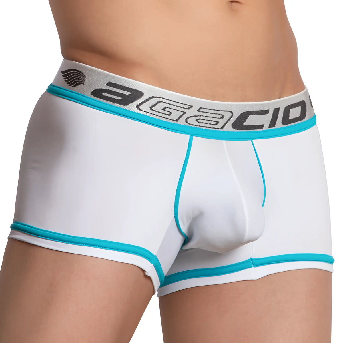 White agacio agg066 boxer trunk briefs with teal trim and gray waistband featuring the brand logo