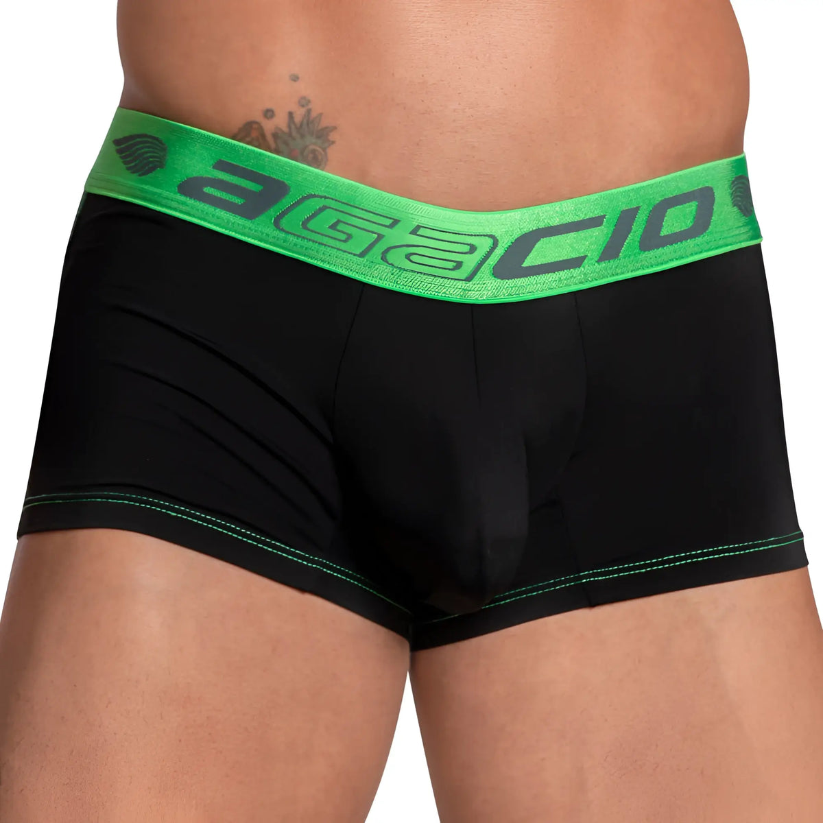 Black agacio AGG068 neon waistband boxer trunk with vibrant green waistband and matching green leg stitching