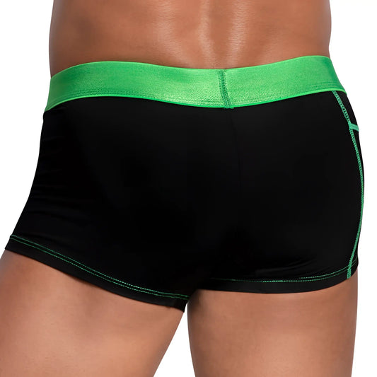 Black briefs with vibrant green elastic waistband and matching green side stitching agacio agg068 neon waistband boxer trunk
