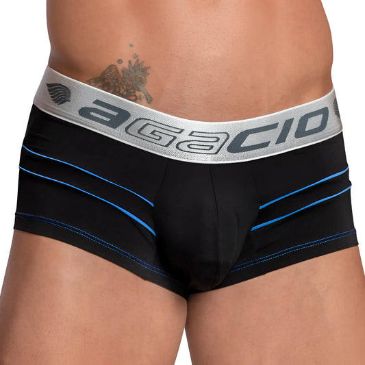 Black agacio agg069 bulge pouch boxer trunk briefs with blue stitching and gray waistband featuring brand logo