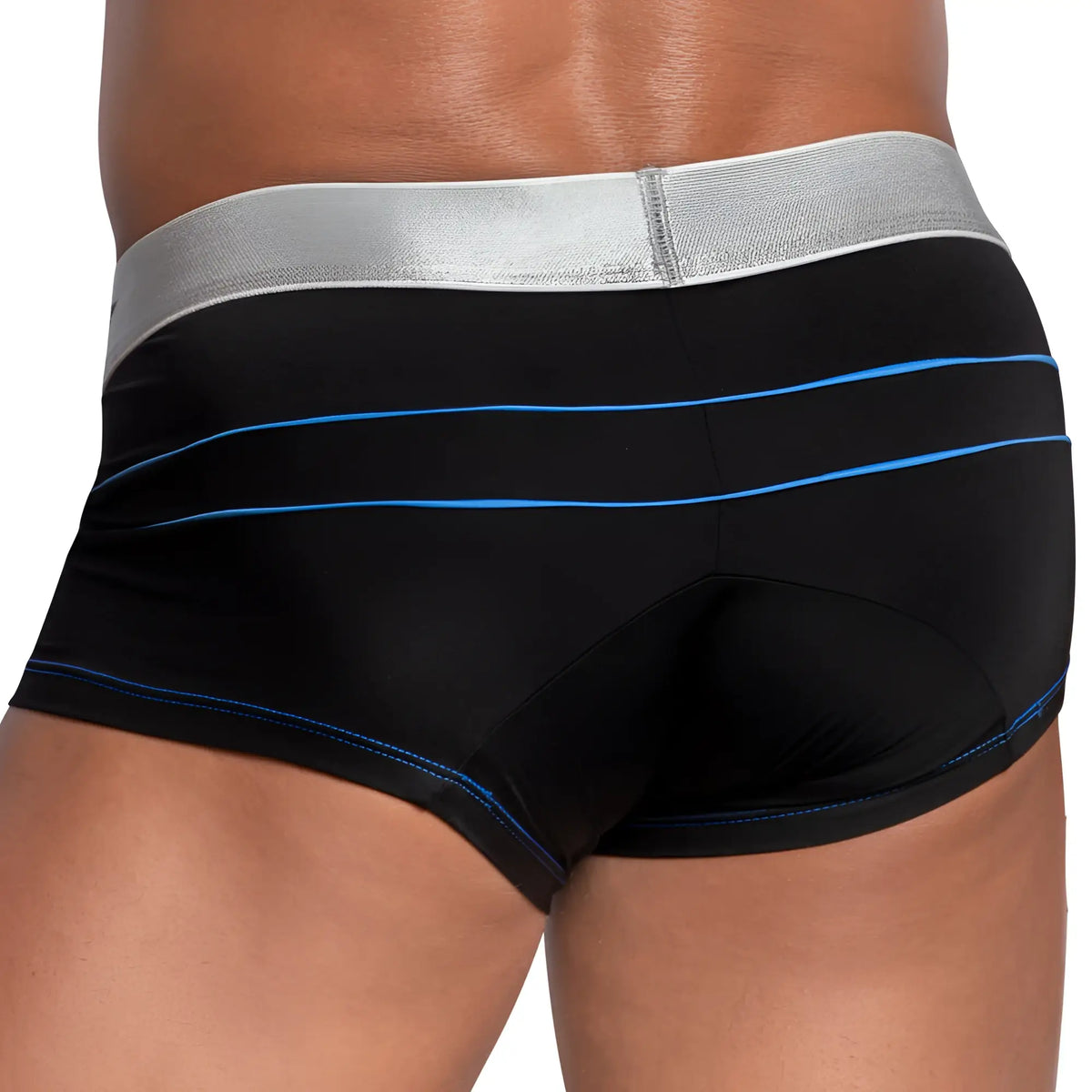 Agacio agg069 bulge pouch boxer trunk black briefs with silver waistband and blue stitching details