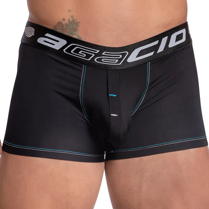 Black agacio AGG070 boxer trunk briefs with gray elastic waistband and teal stitching along the seams