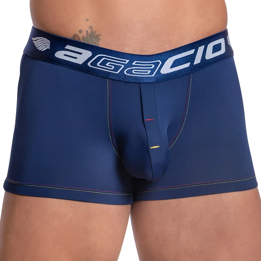 Navy blue agacio AGG070 boxer trunk with textured waistband white lettering and red yellow stitching details