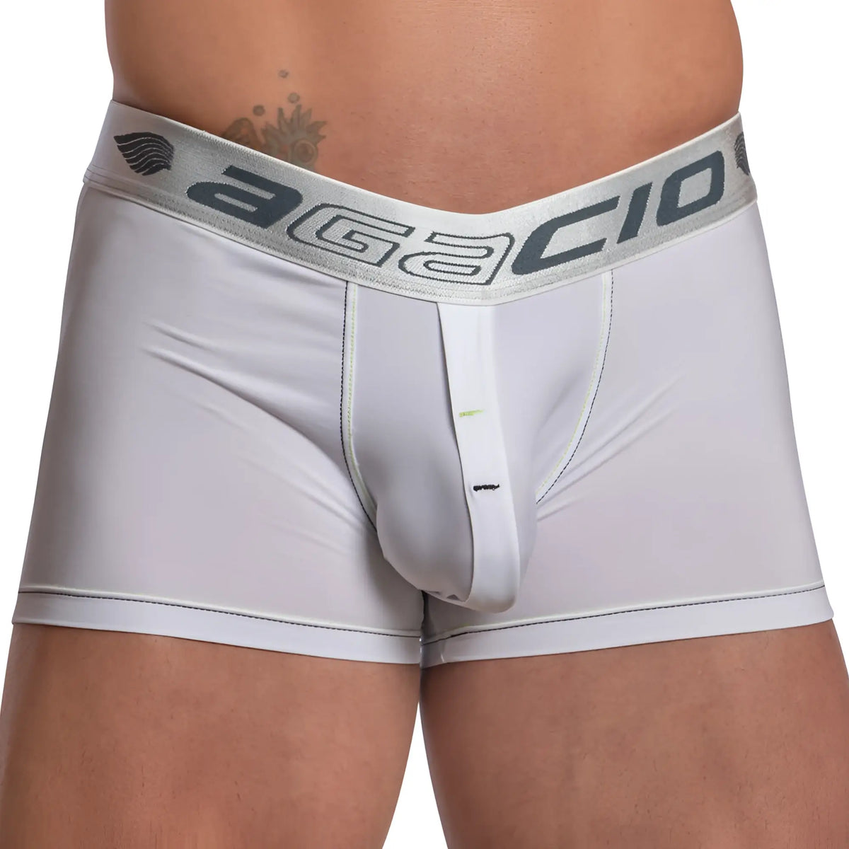 White agacio agg070 menâ€™s boxer trunk briefs with silver waistband featuring brand name and wing logo