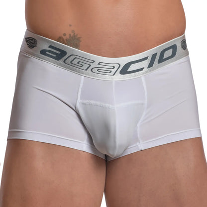 White agacio menâ€™s briefs with gray elastic waistband featuring brand logo agacio agg071 boxer trunk front view
