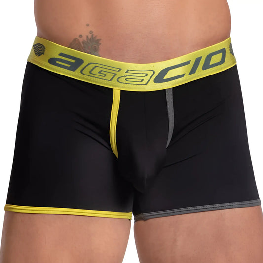 Black agacio AGG072 tri-color sports boxer briefs with bright yellow waistband and gray stitching accents