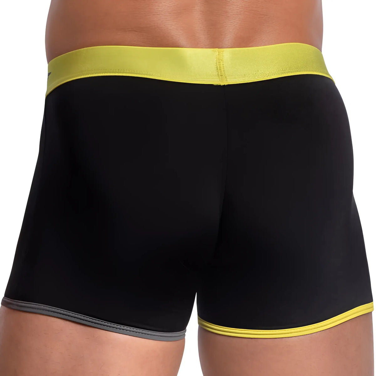 Black mens boxer briefs agacio agg072 tri color sports boxer with bright yellow waistband and trim and gray inner seam