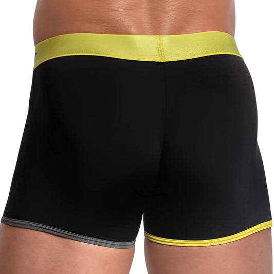 Black mens boxer briefs agacio agg072 tri color sports boxer with bright yellow waistband and trim and gray inner seam