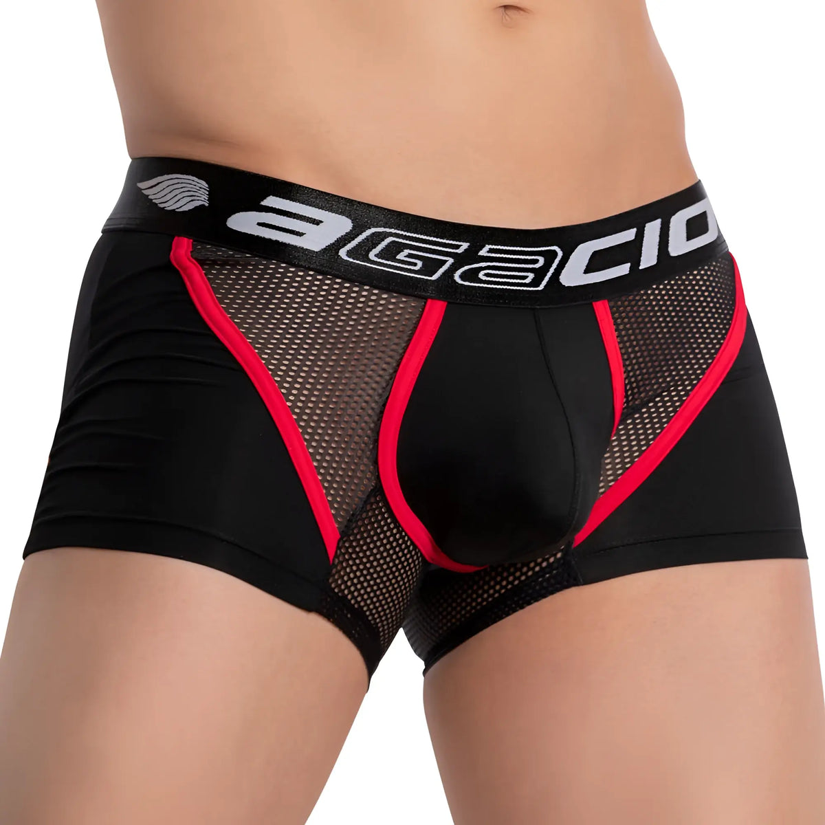 Black agacio menâ€™s boxer trunks with red mesh panels and black waistband with white branding aggio agg073 strapped piping