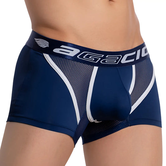 Navy blue agacio AGG073 strapped piping boxer trunk with white mesh panels and trim for men