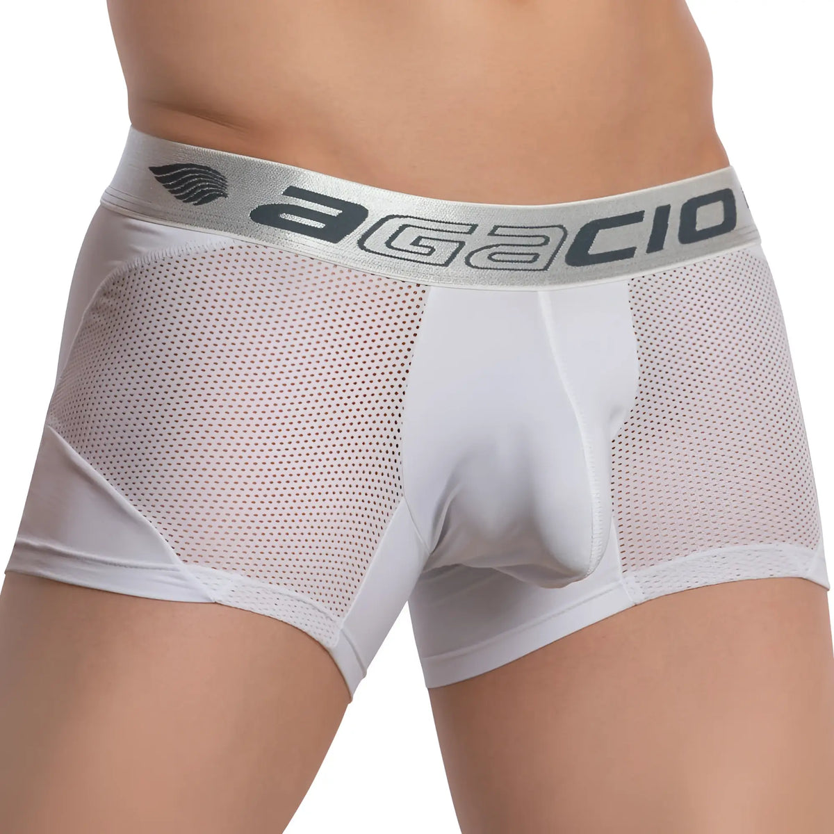 White mesh agacio AGG074 athletic boxer trunk with silver waistband featuring agacio brand name