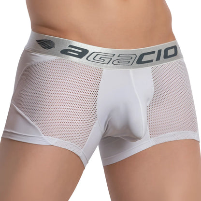 White mesh agacio AGG074 athletic boxer trunk with silver waistband featuring agacio brand name