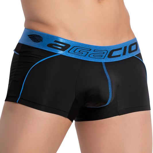 Black agacio boxer briefs with bright blue elastic waistband and matching blue stitching in agacio agg075 trunk style