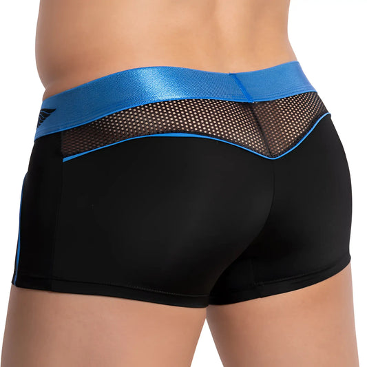 Black menâ€™s boxer briefs agacio agg075 with shiny blue waistband and mesh panel detail centerseam bulge trunk