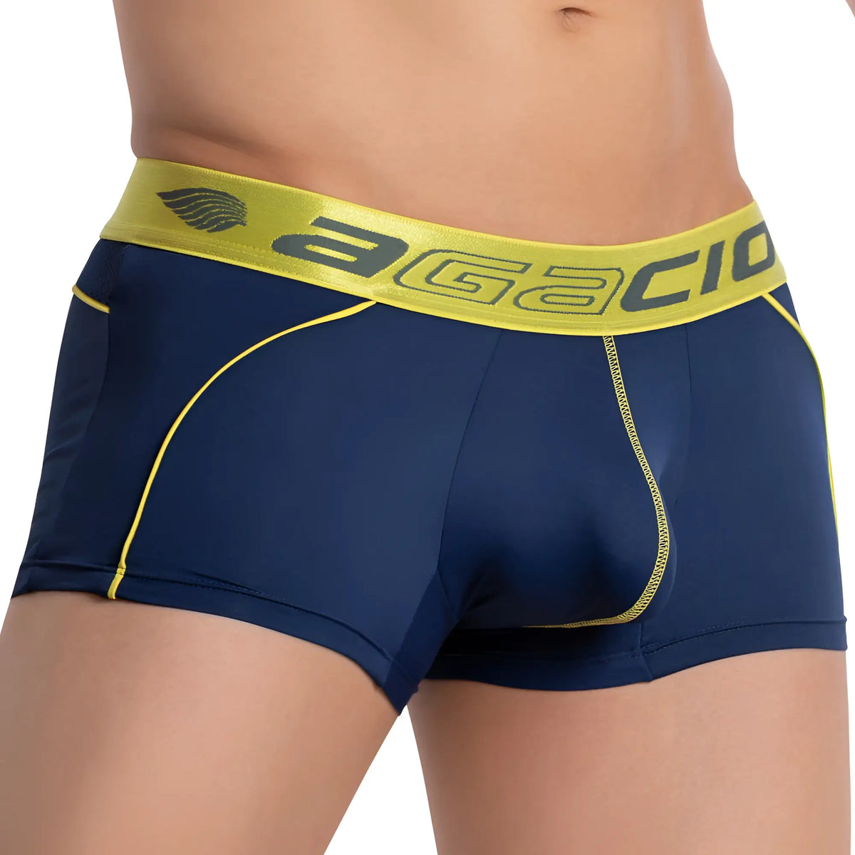 Navy blue agacio agg075 centerseam bulge boxer trunk briefs with bright yellow elastic waistband and logo