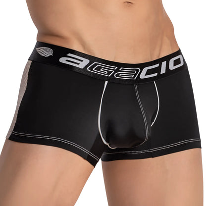 Black agacio agg078 sheer back boxer trunk with white stitching and mesh side panel showing the back side