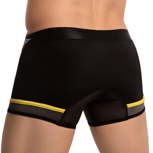 Black athletic briefs agacio agg080 with shiny waistband yellow gray trim and mesh panel on the back side