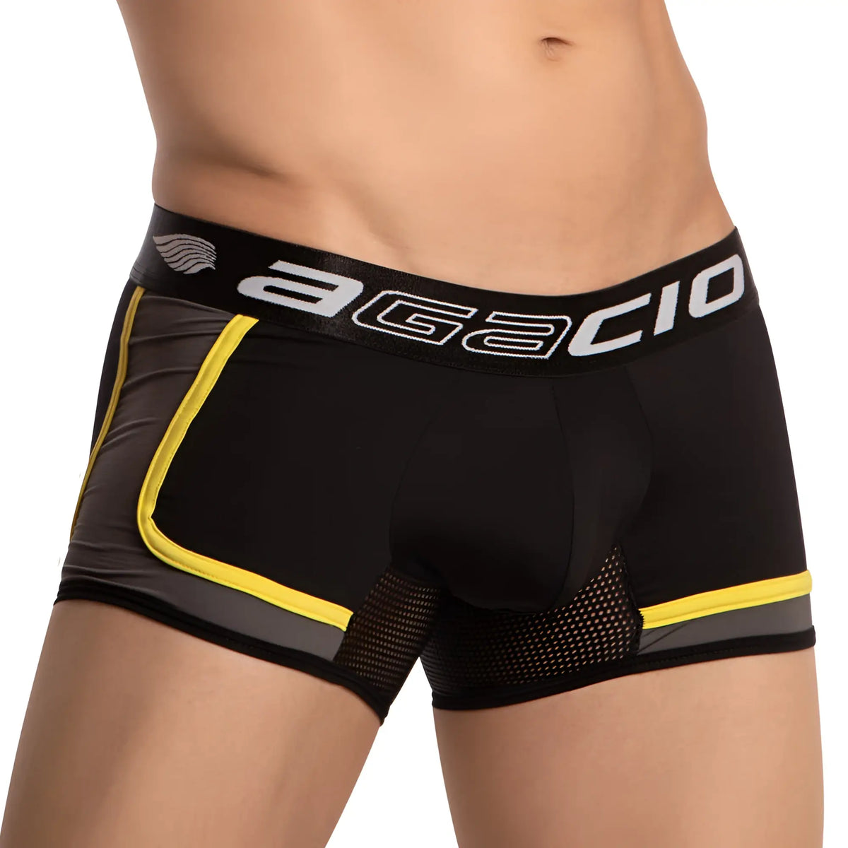 Black agacio agg080 multi color bulge boxer trunk with yellow and gray trim and side mesh panel for men
