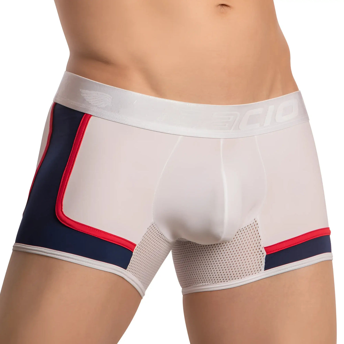 Agacio agg080 multi color bulge boxer trunk in white navy blue and red with mesh side panel athletic boxer briefs