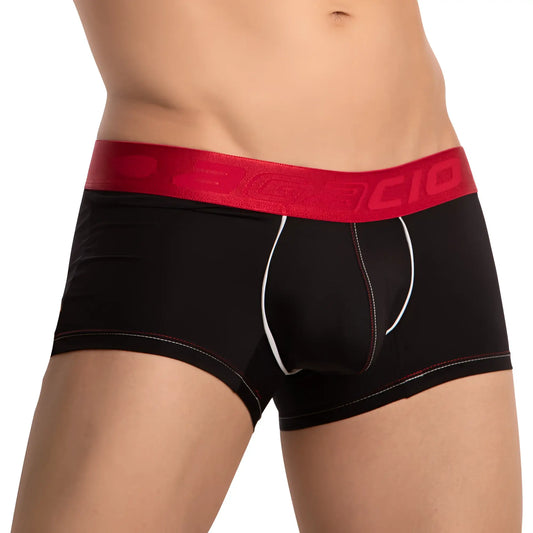Black menâ€™s briefs agacio agg081 with bold red waistband logo and white stitched piping accents along seams and inner legs