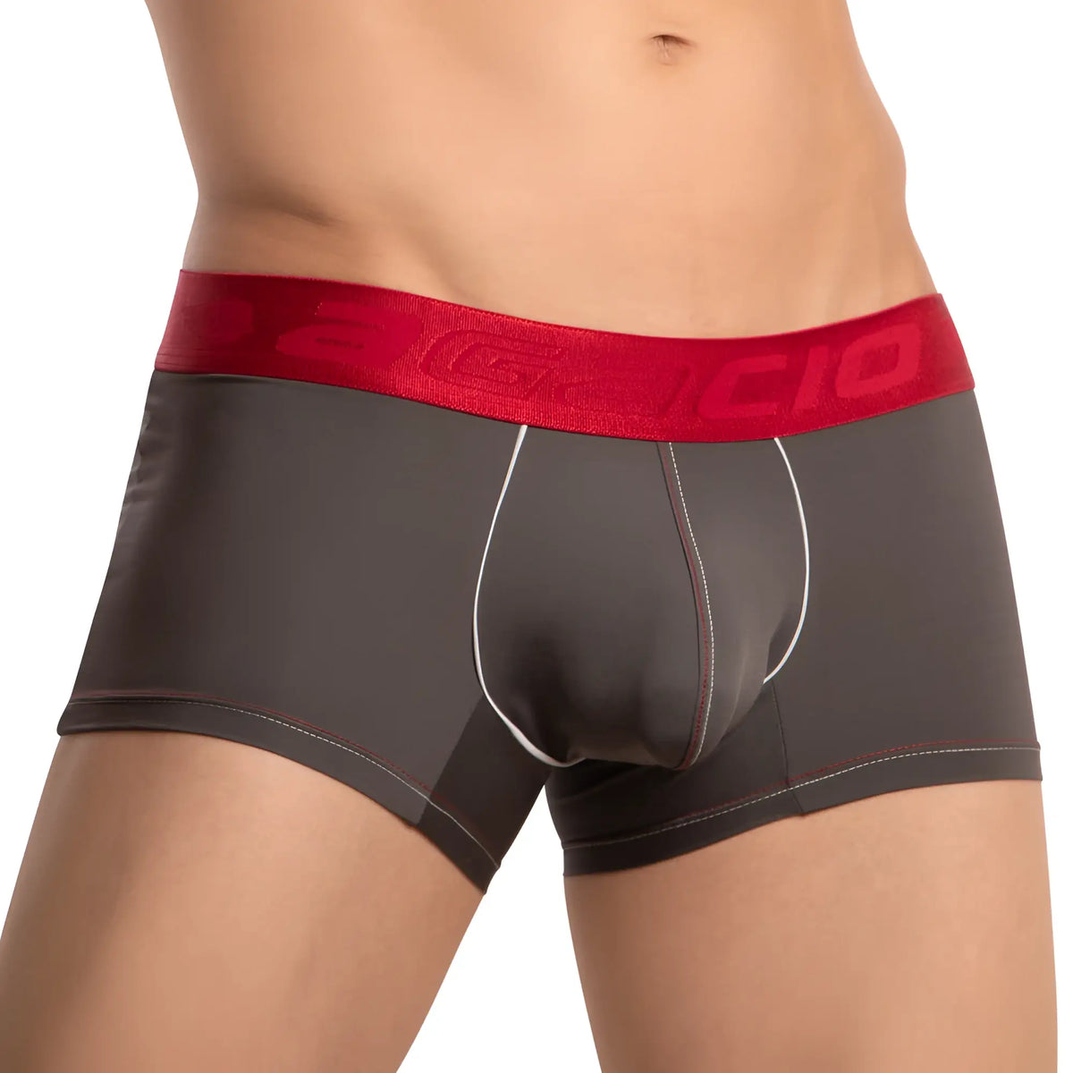 Dark gray agacio agg081 piping design boxer trunk with bold red dancio elastic waistband and white stitched seams