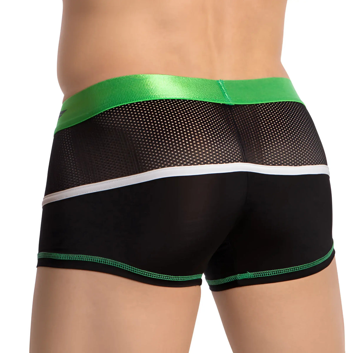 Agacio AGG083 black mesh briefs with shiny green waistband white stripe and green-trimmed edges front view