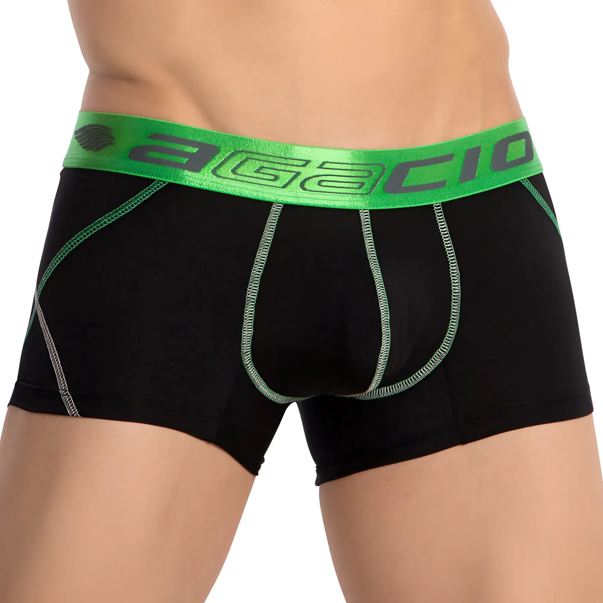 Black agacio AGG084 boxer trunk briefs with vibrant green waistband and matching green stitching along seams