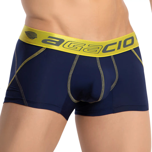 Navy blue agacio AGG084 boxer trunk with bright yellow waistband logo and matching stitching details